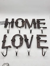 8 Coat Hooks Cast Iron "Home" "Love" Wall Decor Key Hat Entryway 