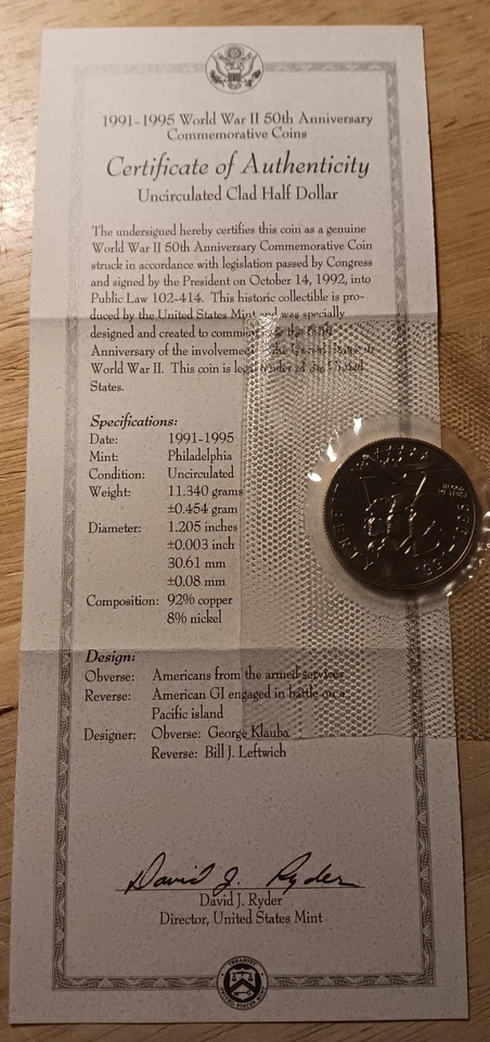 1993-P  WORLD WAR II  50th Anniversary Commem 50¢, Clad UNC, in OGP w/CoA. - Image 2 of 4