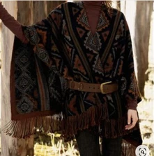 PERUVIAN CONNECTION HEAVY 100% ALPACA FRINGED RUANA OS Fits S M L XL XXL