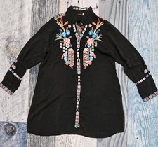 Johnny Was Black Embroidered Floral Tunic Top Long Line Boho Artsy Women  s Large
