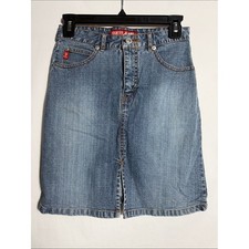 Vintage Y2K Guess Jeans Denim Midi Skirt Medium Wash Red Label Triangle Logo 12