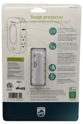 Philips 4-Outlet Surge Protector 2 USB, Night Light Wall Adapter