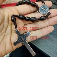 Saint St Benedict Deep Brown Wood Beads Rosary Prayer Crucifix Cross Jerusalem