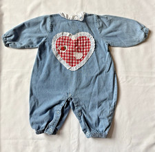 Vtg Girls HOPSCOTCH Denim Playsuit Jumpsuit 9 Month Cottagecore 90s Heart Eyelet