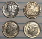 "4" Dimes 1-1944 Murcury 1- 1877 CC Seated Liberty 2- 1964 Rosevelts