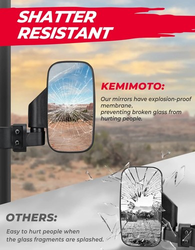UTV Side Mirrors Set KEMIMOTO fits 1.75"-2" cage for Can-am/Mule/Ranger/RZR NEW! - Picture 4 of 10