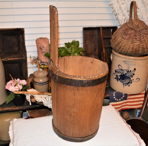 RARE ANTIQUE SIGNED 18thc HAND STAVED COOPER WOODEN PIGGIN BUCKET ORIGINAL-AAFA - Picture 4 of 11