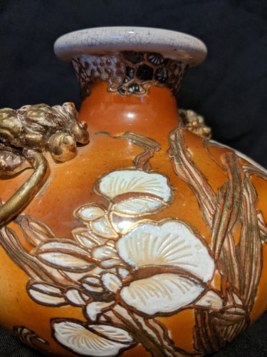 Jarrón antiguo con doble mango floral nipón Moriage Foo Dog - firmado - Imagen 3 de 5