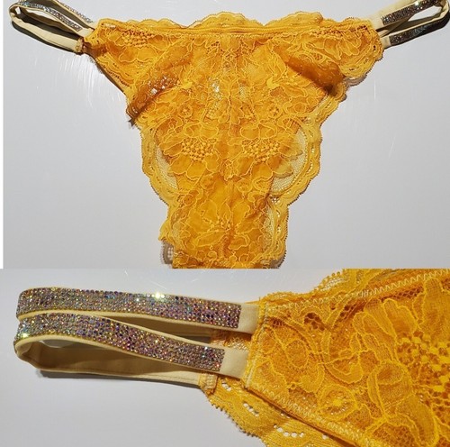 Victorias Secret Brazilian Panty Shiny Double Strap Lace 8/XL Tulip YELLOW - Picture 4 of 9