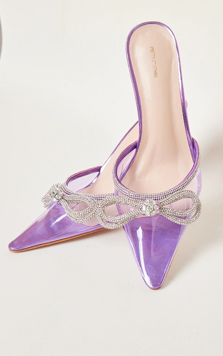 Pretty Little Thing Purple Vinyl Diamante Bow High Court Heeled