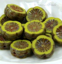 Hibiscus Flower Beads,14mm, Green w/Picasso Finish, 11 Pieces