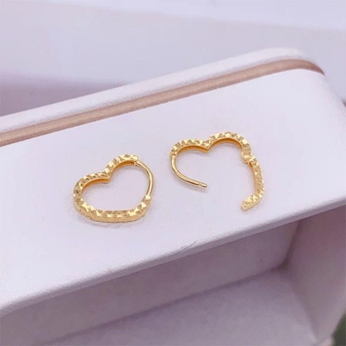 Pure 18K Yellow Gold Hoop Women Lucky Best Gift Carved Heart Earrings - Picture 3 of 5