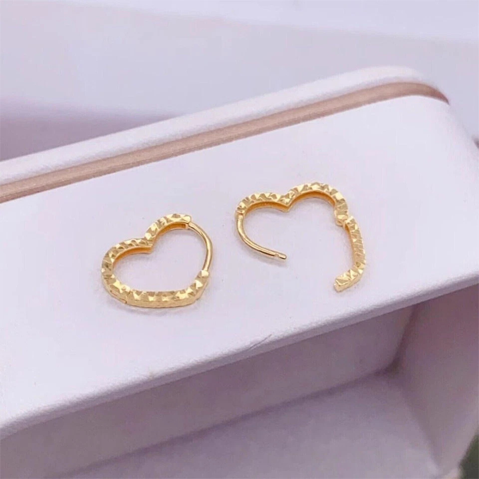 Чистое 18K желтое золото обруч женщин Lucky лучший подарок резной сердце серьги - Изображение 3 из 4