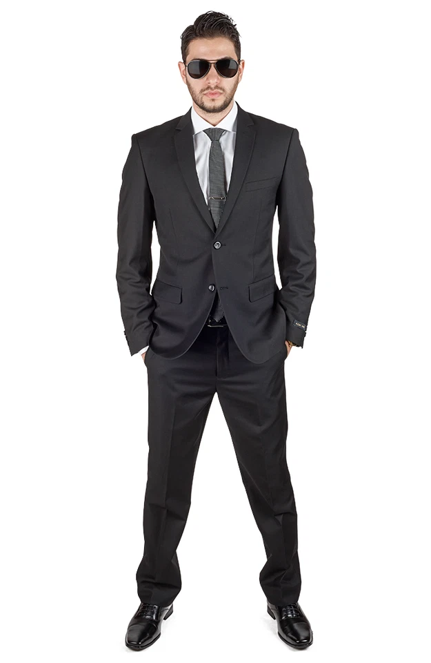 Solid Black Slim Fit Mens Suit 2 Button Notch Lapel Fitted Flat Front Pants AZAR - Image 3 of 4