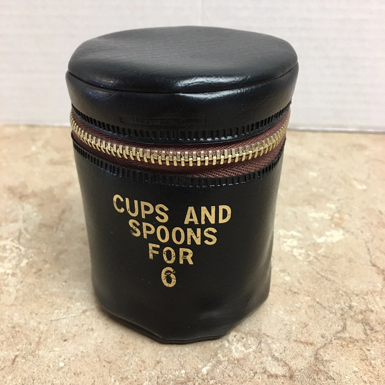 Vintage Cups and Spoons for 6 Zip Vinyl Black Case Made in Hong Kong