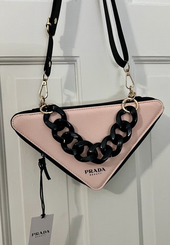 PRADA Beauty Triangle Crossbody Chain Bag Pink Logo Makeup Cosmetic Pouch Purse