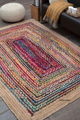 Rug 100% Natural Jute and Cotton Braided style Runner Rug Living Area Carpet Rug
