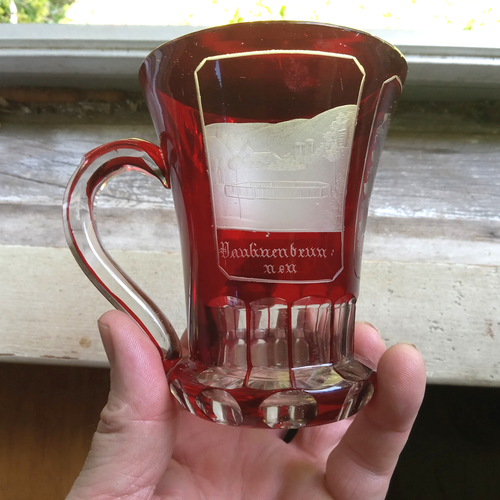 1880s RUBY CUT TO CLEAR BOHEMIAN ENGRAVED GLASS MUG STAHLBRUNNEN IN SCHALBACH - Picture 2 of 14