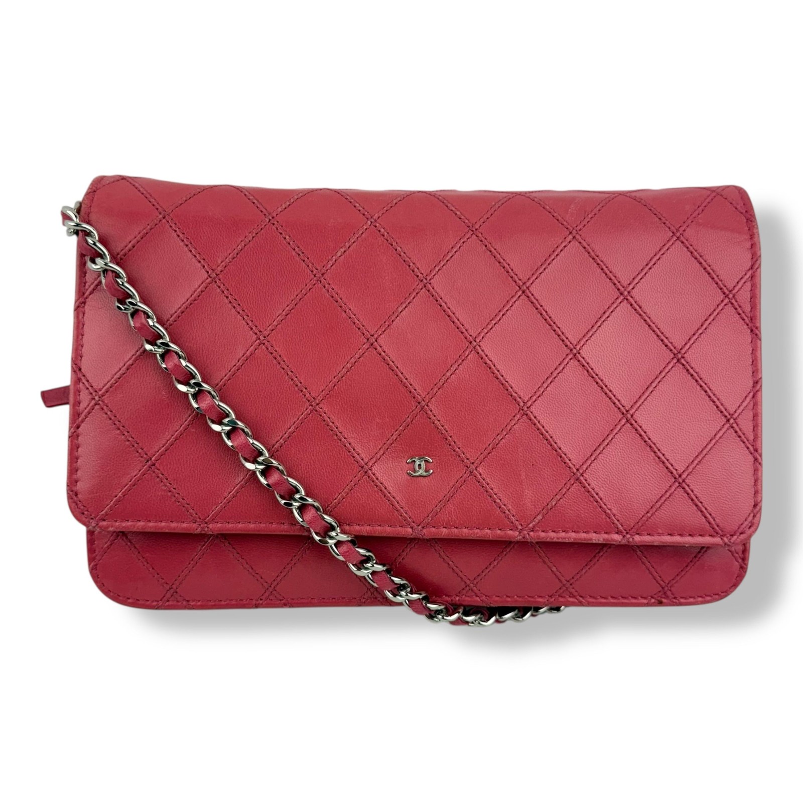 CHANEL Lambskin Diamond Stitch Quilted Wallet On Chain WOC Pink Handbag