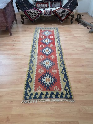 Orange Turkish Hallway Runner Rug, Boho Kilim (2.5 x 8 ft)