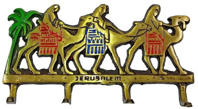 Vintage Brass Tone Enamel Three Wise Men Jerusalem Wall Hanger Four Hooks Camels