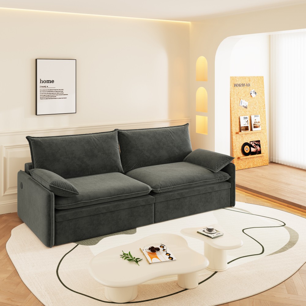 4-Seat Convertible Sleeper Sofa Bed w/ Storage & USB, Dark Grey