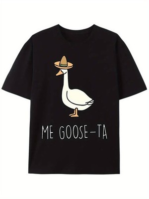 [Loose Short Sleeve Casual Top] ME GOOSE-TA White Goose Printed Cotton T-Sh