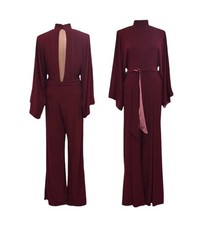 NWT Belle Badgley Mischka Jumpsuit Size 4 Burgundy Red Rose Pink Wide Leg Cutout