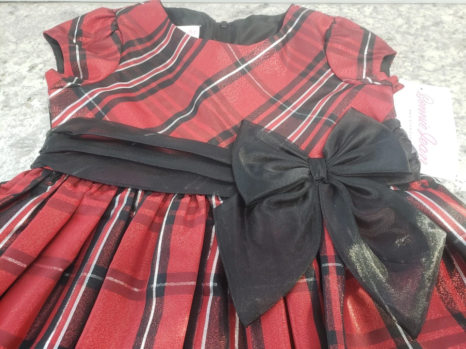 Vestido a cuadros para niñas 3/3T con lazo negro Macy's Bonnie Jean traje de vacaciones Foto 2 de 4