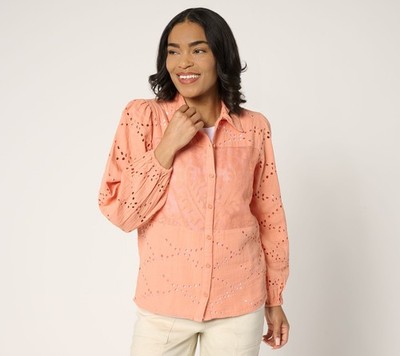LOGO by Lori Goldstein Lavish 100% Cotton Eyelet Shirt Canyon Sunset S New
