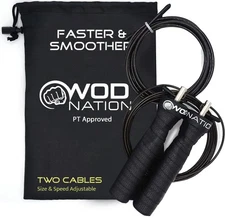 WOD Nation Jump Rope - Black Alloy Steel Handles - 11 ft, 2.2 mm  3.3 mm Cabl...