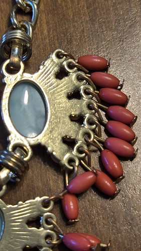 Vintage J. Collana Crew tono oro pietra blu e rosa grossa dichiarazione ventaglio 12". L - Foto 4 di 8