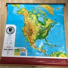 Vtg 1960s Cram's North America Physical Political Pull Down School Map Classroom