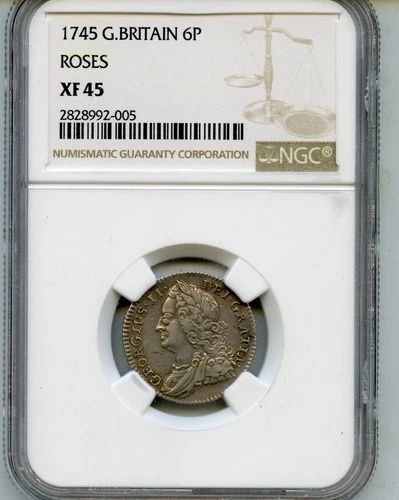 1745 Great Britain Six Pence 6P ROSES - NGC  Graded XF 45