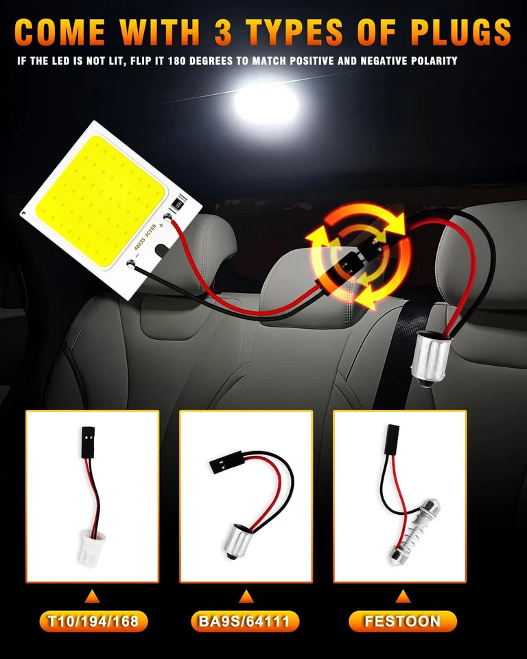 10 Pack 12V COB 48-SMD LED Panel Car Interior Dome Light T10 BA9S Adapters - Image 4 of 4
