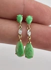 Old Chinese 18k Yellow Gold Imperial Green Jade & Diamond Post Dangle Earrings