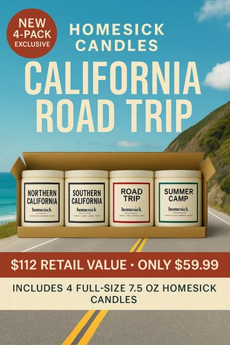 🔥 Homesick Candles California Road Trip 4-Pack • 7.5oz Each • Long Burn Time • 