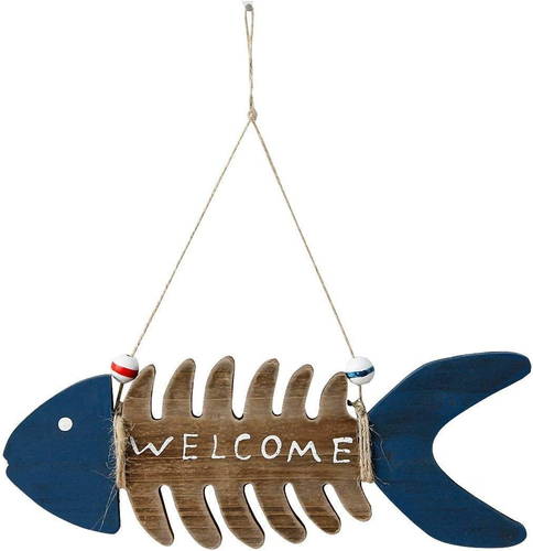 Wooden Fish Welcome Sign Nautical Wall Art Decor,Hanging Vintage Fish Ornament H