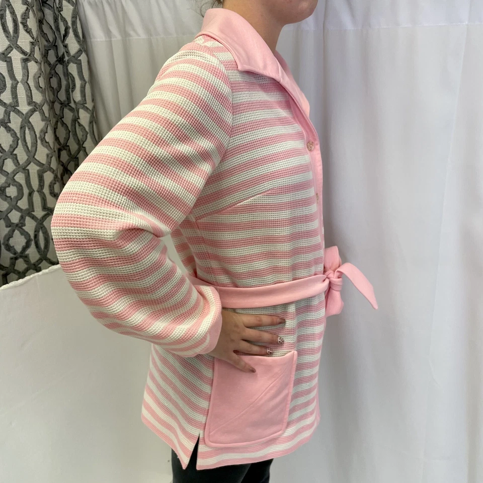 De Colección Años 70 Mr Jack PASTEL Rosa Tejido MoD RAYAS Cárdigan Cinturón Suéter Vestido Foto 4 de 4