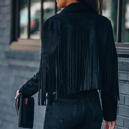 Women Faux Suede Moto Biker Jacket Lapel Blazer Cropped Tassel Fringe Short Coat - Picture 9 of 16
