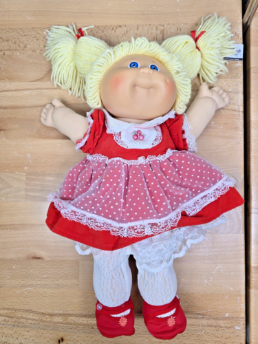 Coleco 1985 Cabbage Patch Kid HM3 Double Pony Lemon Hair Girl Blue Eye Red Dress - Picture 10 of 11