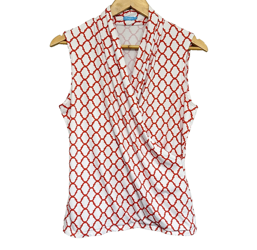 J. McLaughlin Faux Wrap Blouse Women’s L Quatrefoil Catalina Cloth Preppy Resort