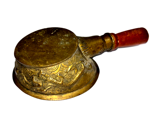 Antique Brass Silk Coal Iron Scoop Dragon Design Flat Pan Wood Handle Vtg China - Picture 5 of 6