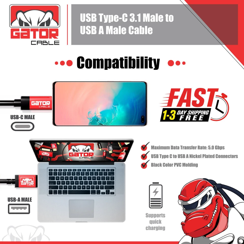 USB-C To USB-A 3.1 Phone Fast Charger Cable Data Sync Type C Cord Universal - Image 2 of 4