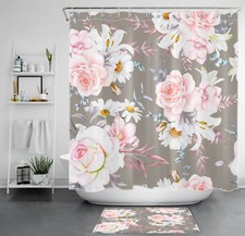 Yellow Daisy and Pink Rose Floral Grey Shower Curtain Bathroom Accessories Set