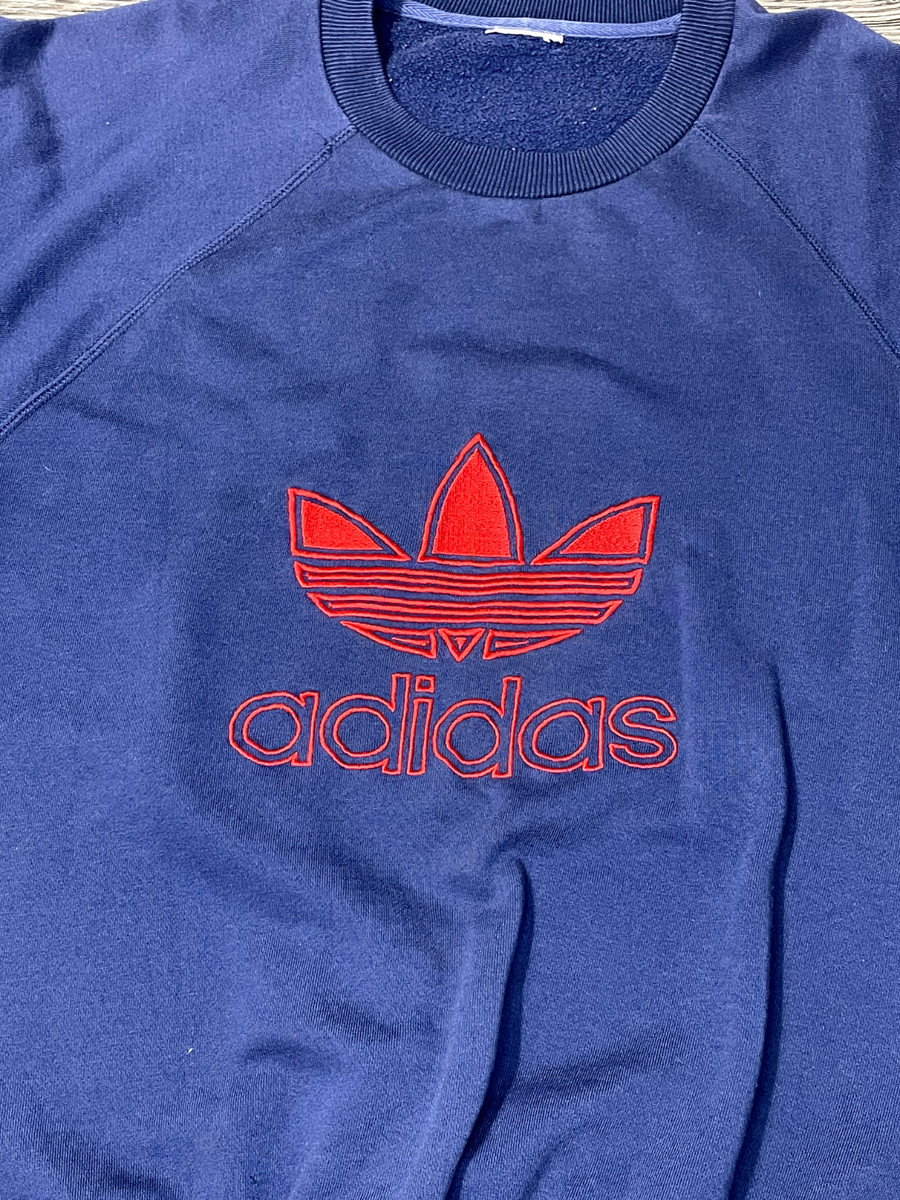 Vintage 80's Adidas Crew Neck Pullover Logo Sweatshirt Navy Blue Cut Tag L View 2