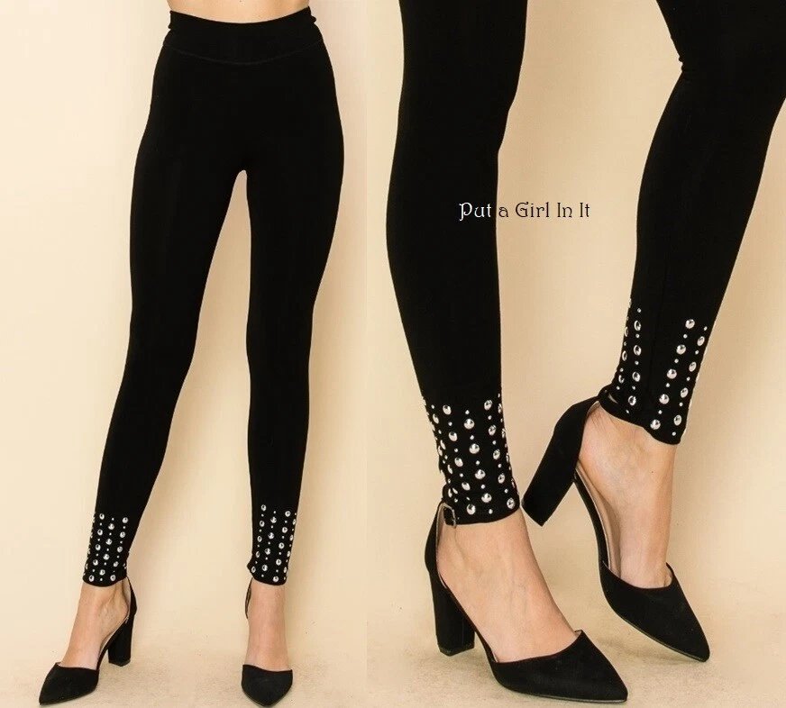 New VOCAL Womens EMBELLISHED STONE STUDDED SOFT BLACK LEGGINGS