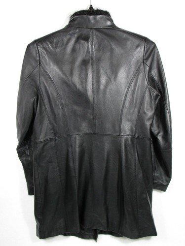 Centigrade Women's Small Black Leather Coat w/ Faux Fur Trim Button Close - Picture 3 of 6