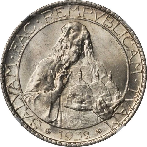 SAN MARINO 1932-R  20 LIRE SILVER COIN, GEM UNCIRCULATED, NGC CERTIFIED MS66