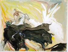 Grande aquarelle 1965 manade camargue Taureau Cheval signature?